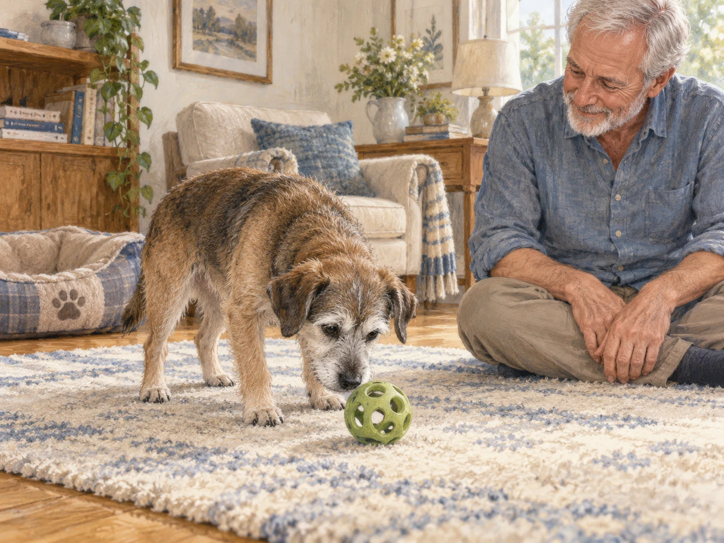 A grey-muzzled older dog exploring an easy generic rubber toy while an older caregiver sits nearby