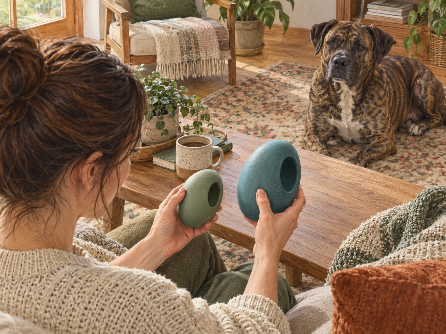 A caregiver comparing two generic toy sizes while a larger dog waits nearby, illustrating fit checks for aggressive chewers