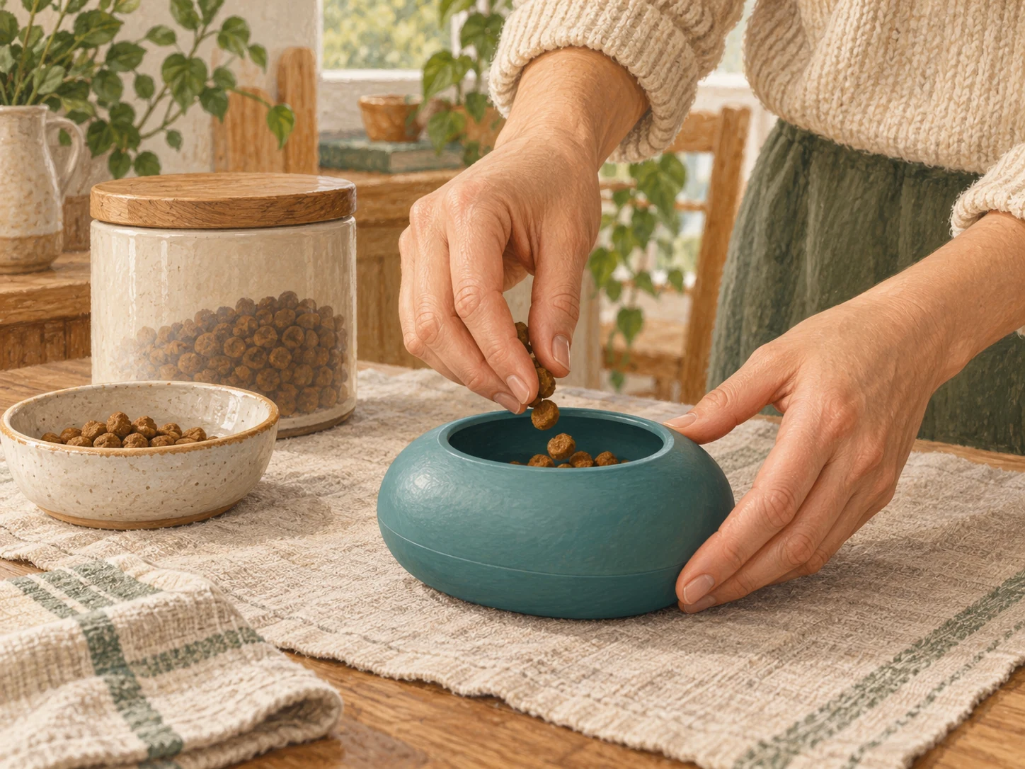 Hands preparing a small amount of dry food beside a shallow generic treat toy