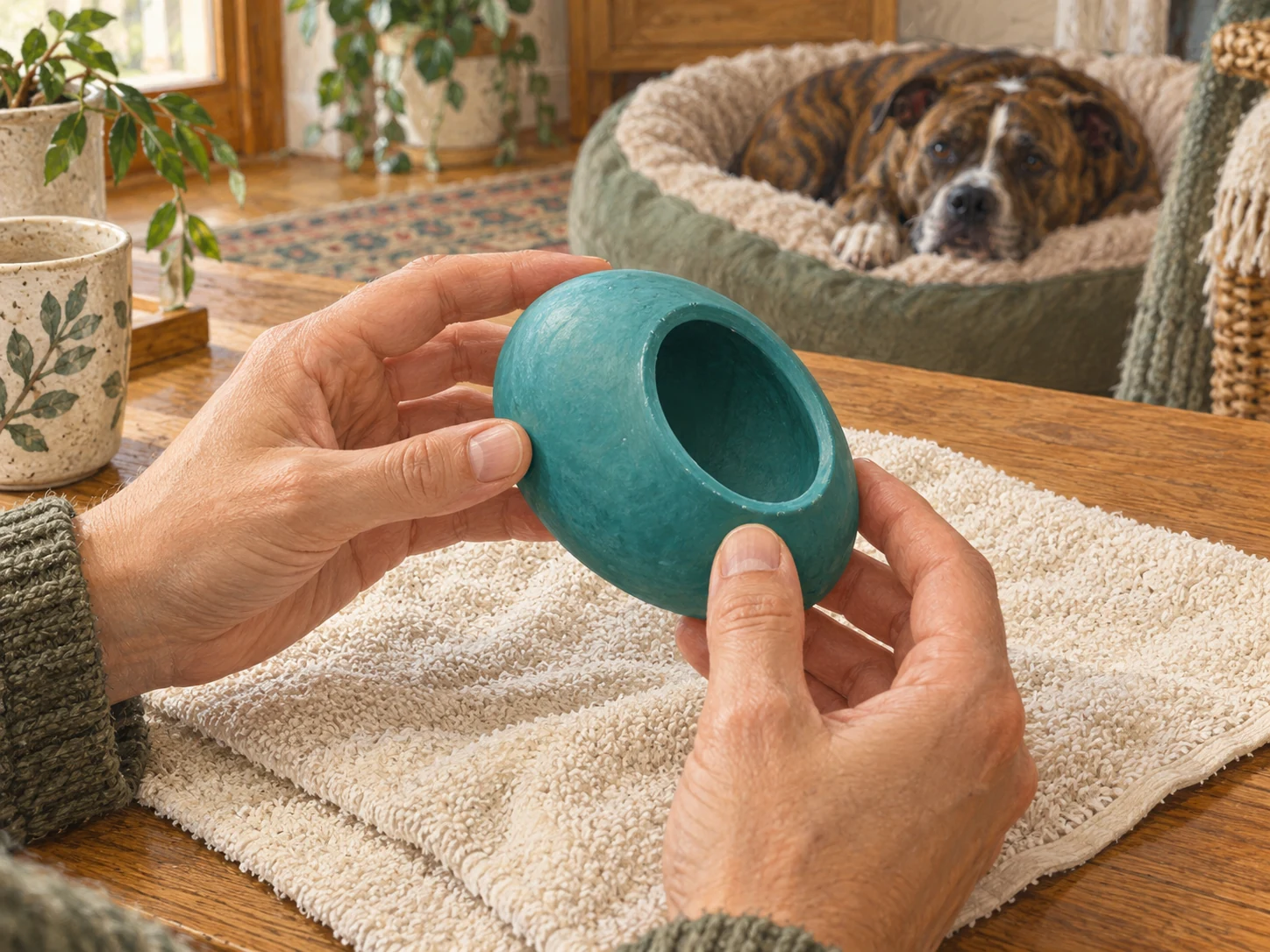 Hands checking the body and edge of a generic chew toy away from a resting dog