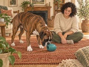 A caregiver supervising a muscular dog investigating a plain rounded treat toy on a rug