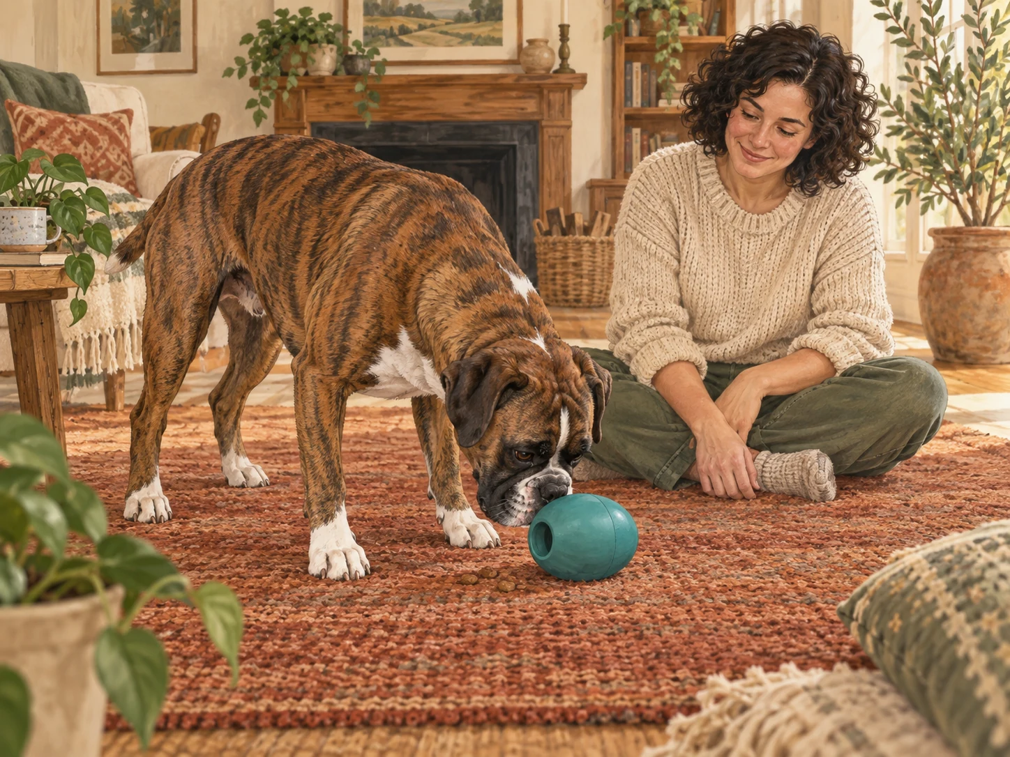 A caregiver supervising a muscular dog investigating a plain rounded treat toy on a rug