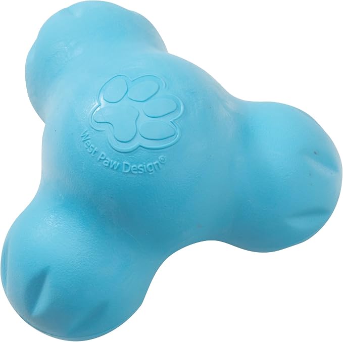 Aqua-blue three-lobed WEST PAW Tux toy showing its textured outer surface and embossed West Paw Design logo; the filling cavity is not visible in this view