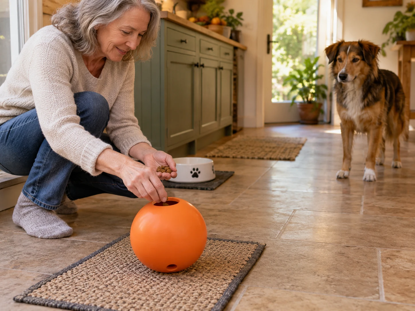 A caregiver adding dry food to a dog puzzle feeder while the dog waits and a familiar bowl remains nearby