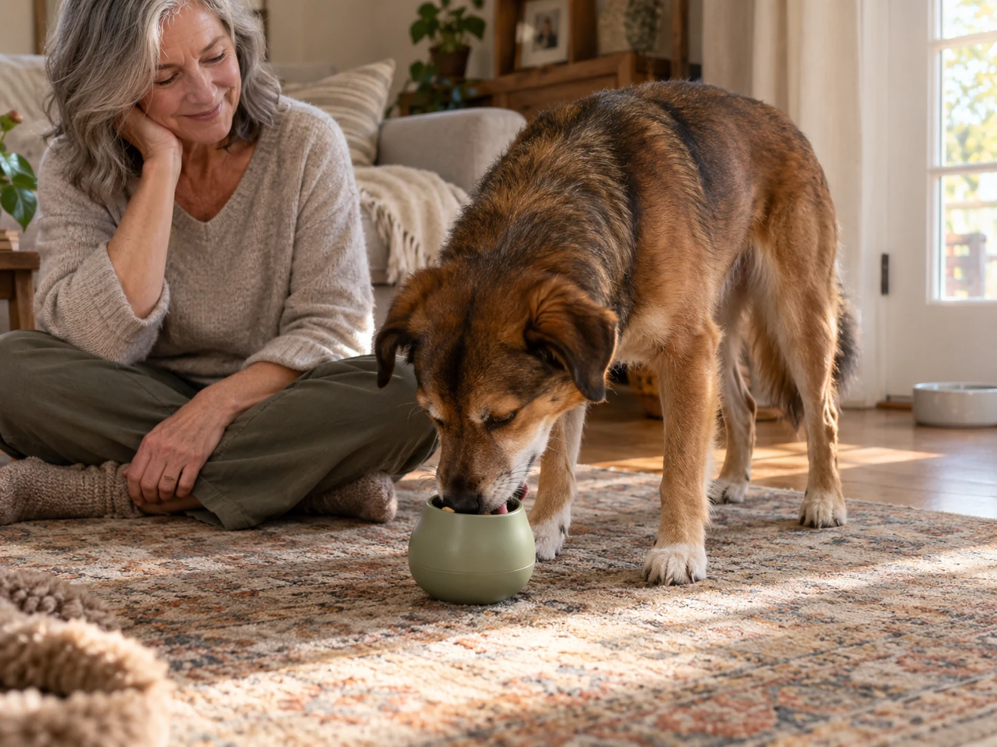 A seated caregiver watching a dog obtain accessible food from a generic open puzzle toy