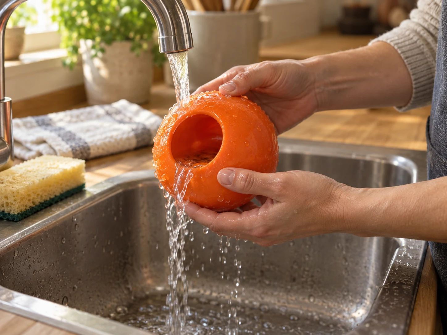 Hands rinsing a generic spherical food toy and checking its accessible interior at a kitchen sink