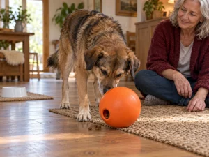 A dog nosing a generic food-dispensing ball while a caregiver supervises