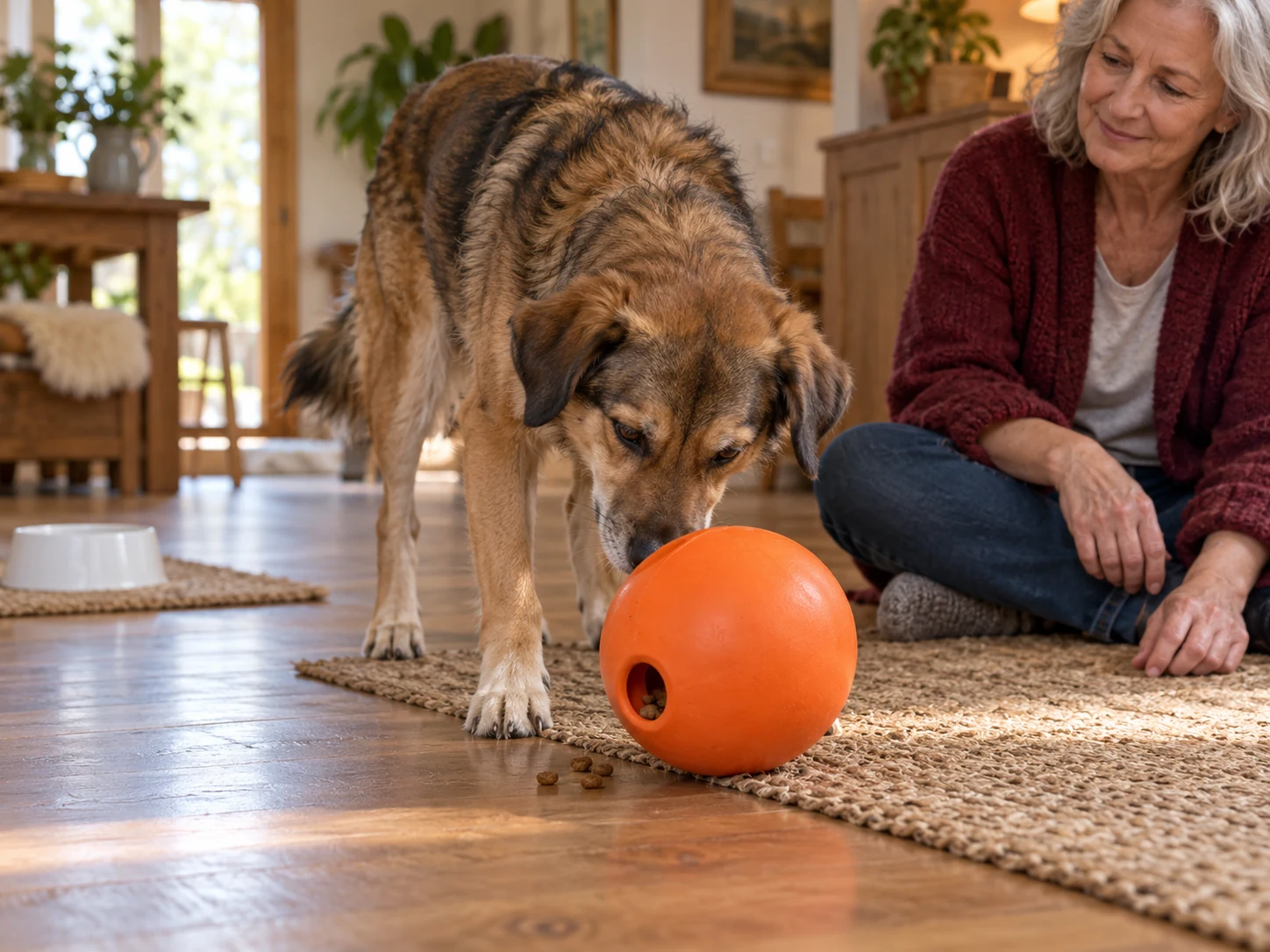 A dog nosing a generic food-dispensing ball while a caregiver supervises