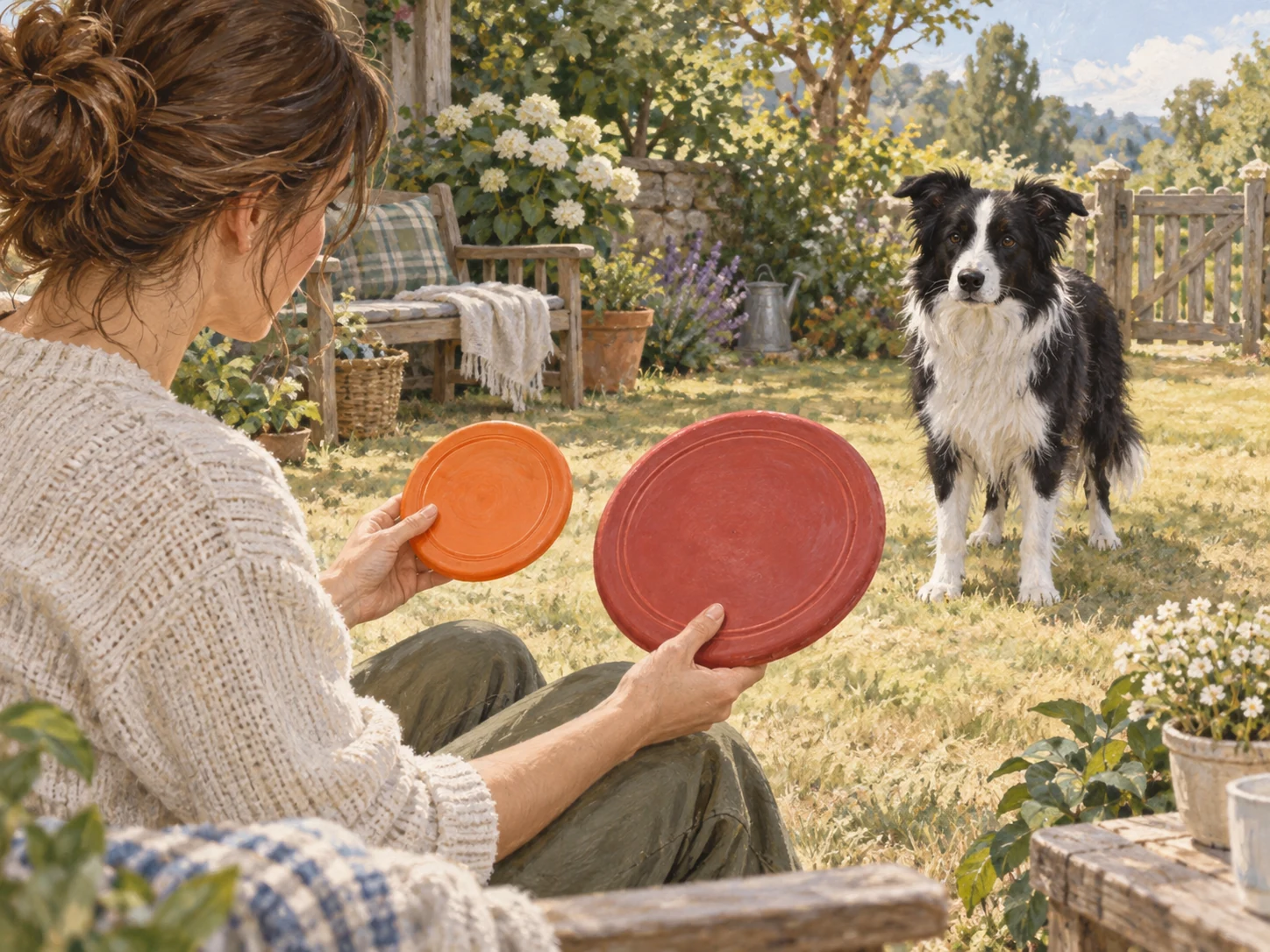 A caregiver holding two generic flying disc sizes while a dog waits on the grass