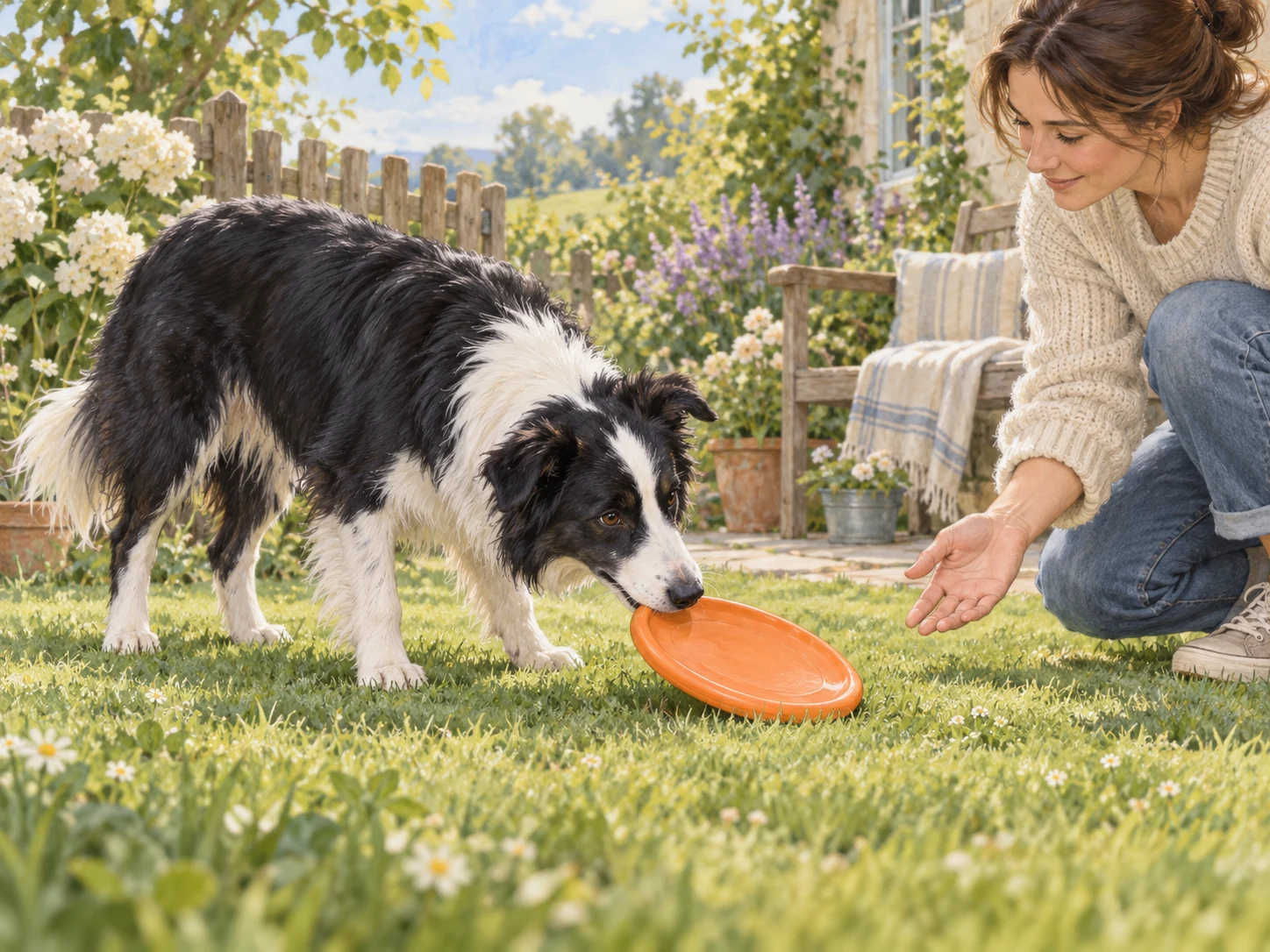 A dog gently picking up a dog frisbee toy from level grass during supervised play