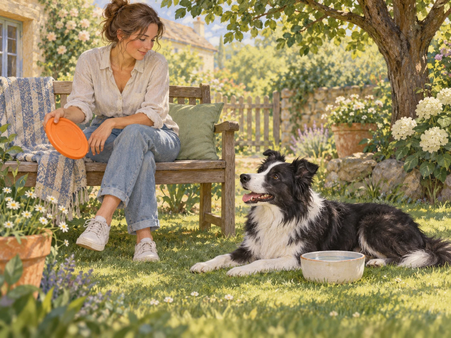 A dog resting beside a clean water bowl while its caregiver holds the disc after a quiet game