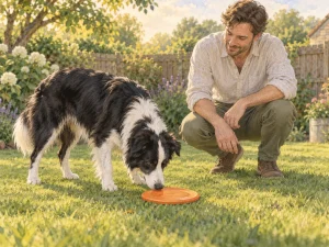 A dog investigating a plain flexible flying disc on grass while a caregiver supervises