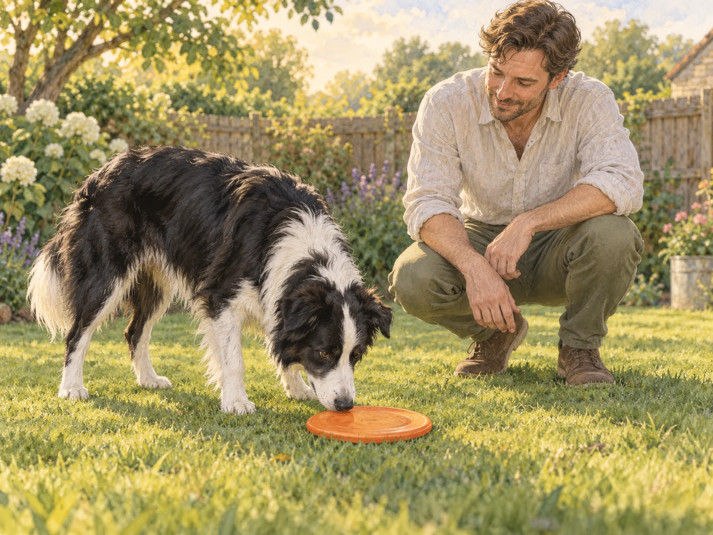A dog investigating a plain flexible flying disc on grass while a caregiver supervises