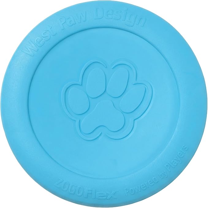 Aqua-blue circular WEST PAW Zisc disc with a raised rim, embossed paw logo and West Paw Design and Zogoflex lettering