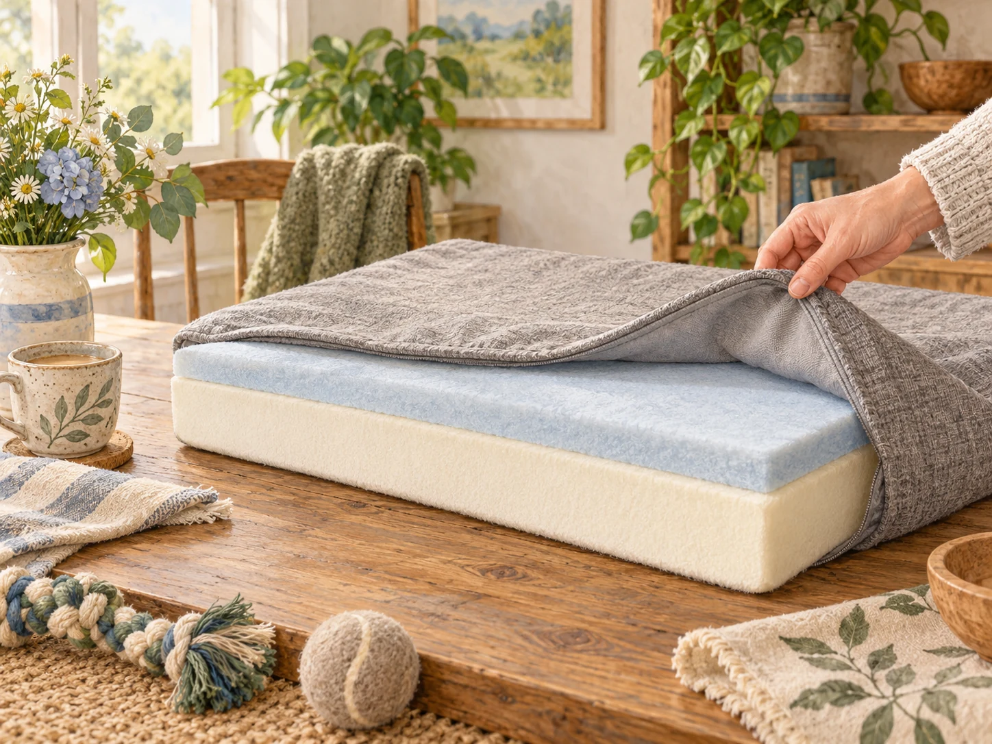 A conceptual memory foam dog bed layer illustration separating the fabric cover, cushioning top and support beneath it