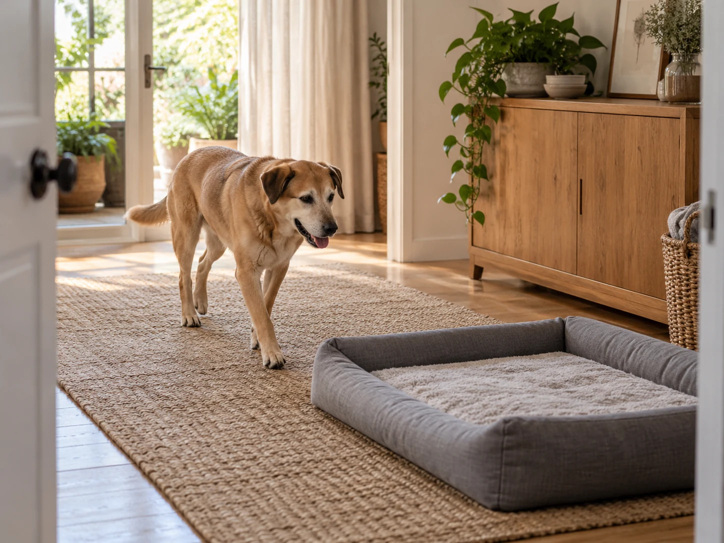 A dog approaching a generic cushioned bed along a clear rug-covered route in a quiet room