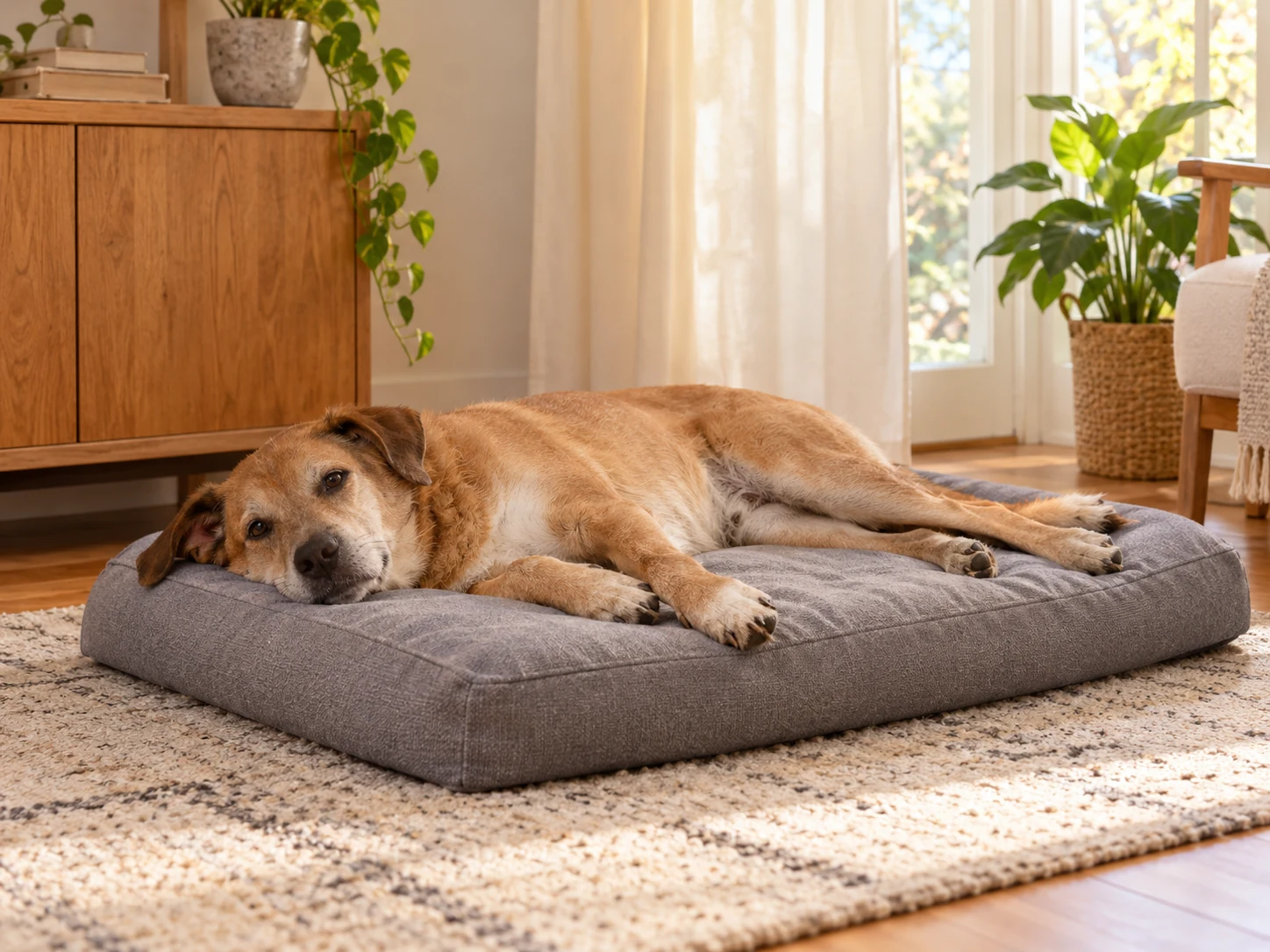 A dog resting comfortably on a generic low open cushioned bed in a quiet home corner