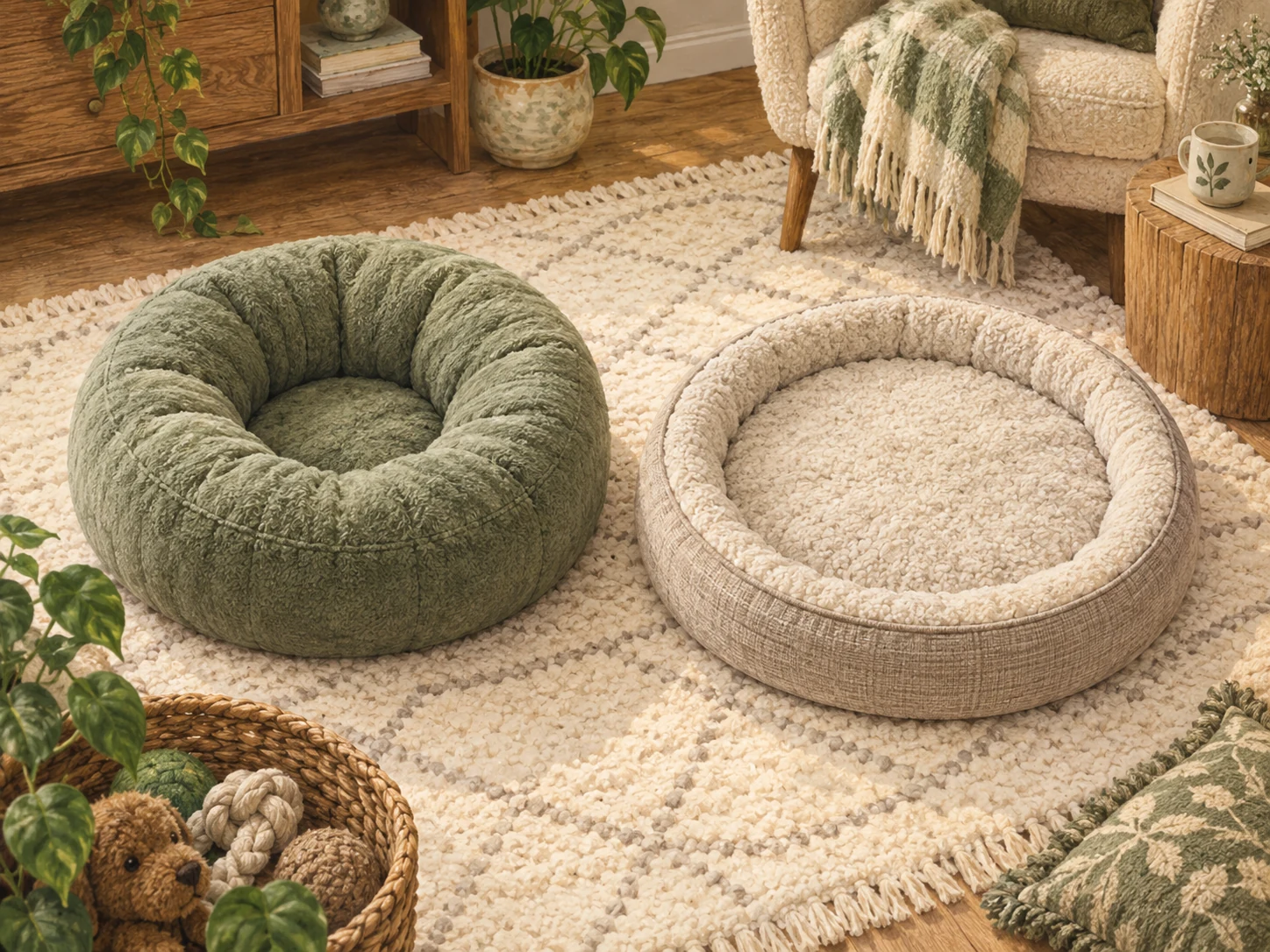 Two generic round dog beds with similar outside widths but different bolster thicknesses and clear center space