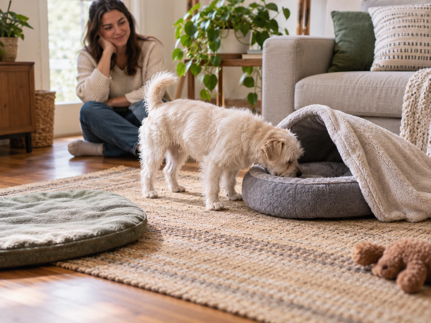 A small dog investigating a loosely covered round dog bed while an open resting mat remains available nearby