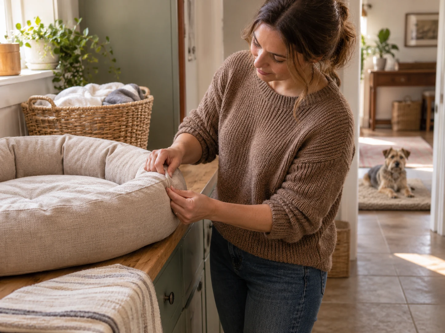 Hands inspecting the intact seam of a generic round bed in a laundry area while a dog rests on an alternative mat