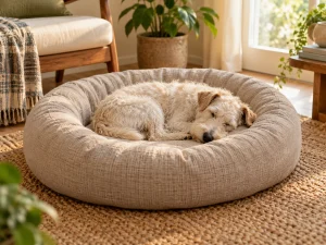 A small dog curled in a generic round bolster bed with enough room to change position
