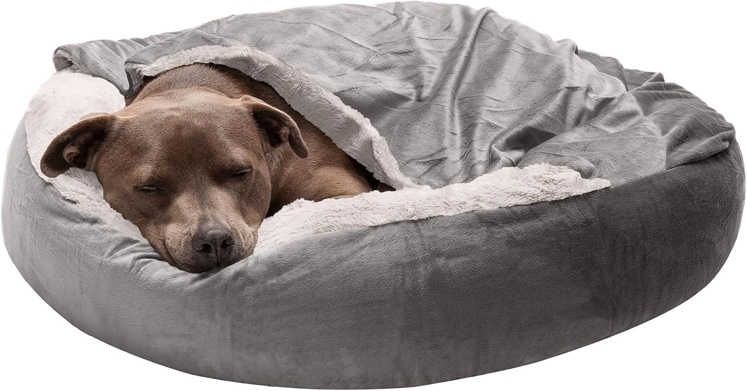 Furhaven 27" Round Calming Donut Dog Bed for Medium/Small Dogs, Washable, For Dogs Up to 45 lbs - Plush Velvet Waves Hooded Donut Bed - Dark Gray, Medium product image for the selected variant