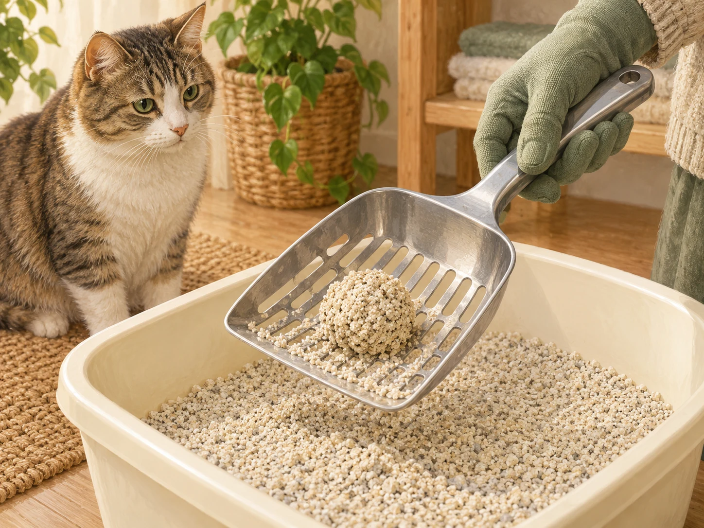 Close view of a generic litter scoop with loose grains and a retained clump in a litter tray