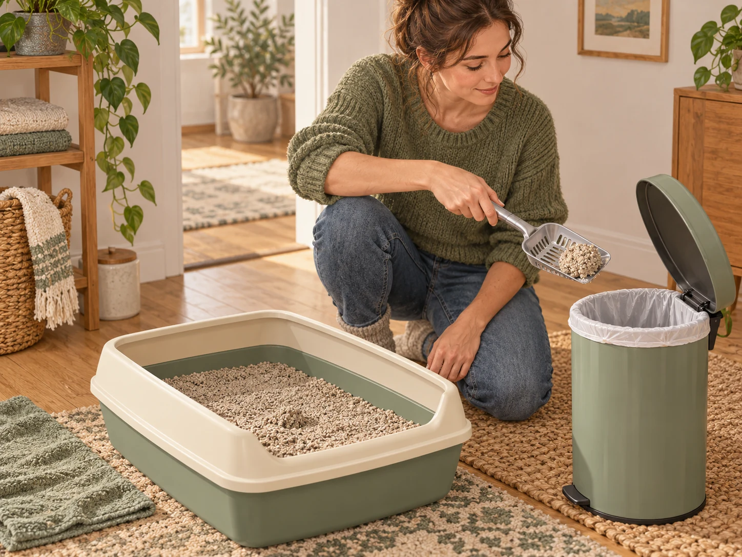 A caregiver making a manageable litter-scoop lift toward a nearby waste container