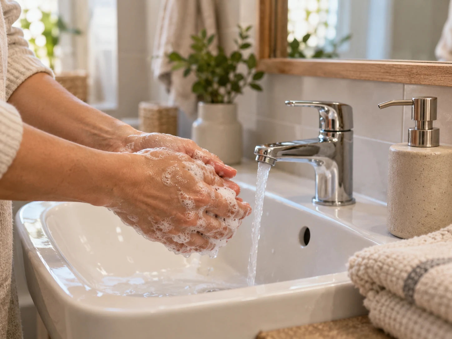 Hands washing with soap under running water at a household bathroom sink