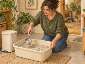 A caregiver using a generic slotted litter scoop at an open tray while the cat stays away from the cleaning area