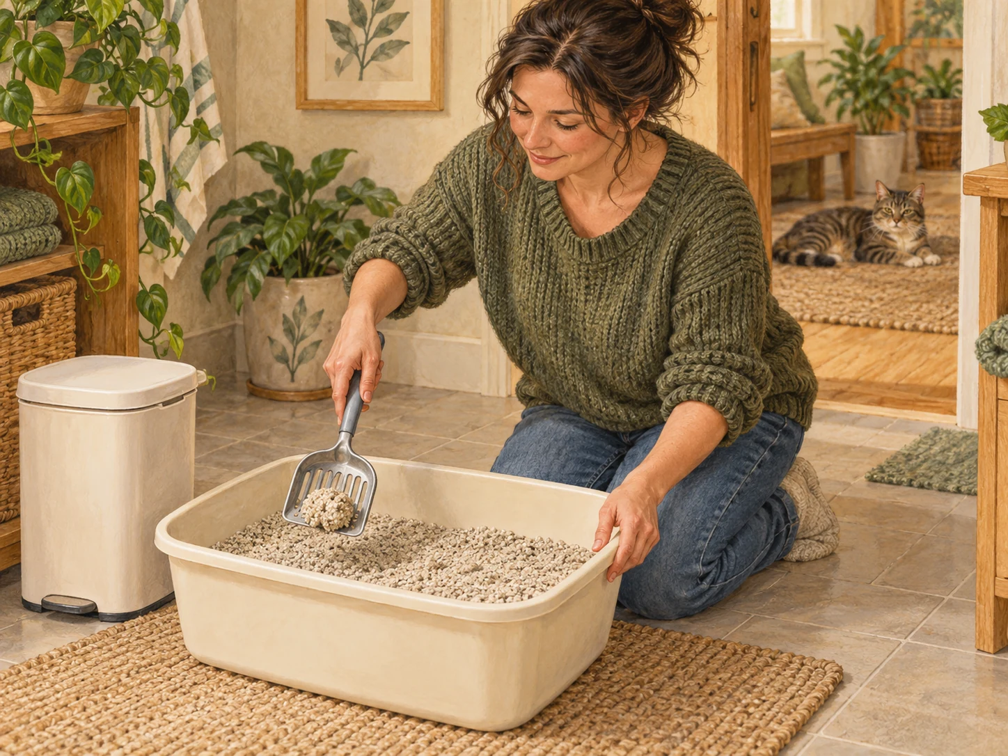 A caregiver using a generic slotted litter scoop at an open tray while the cat stays away from the cleaning area