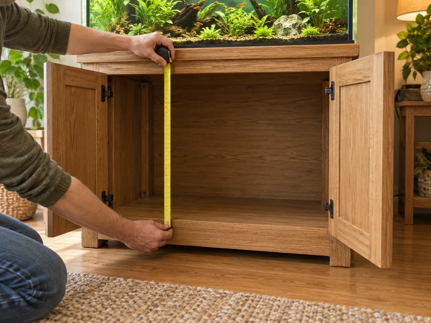 Hands measuring empty aquarium-cabinet space while planning a Fluval FX6 installation
