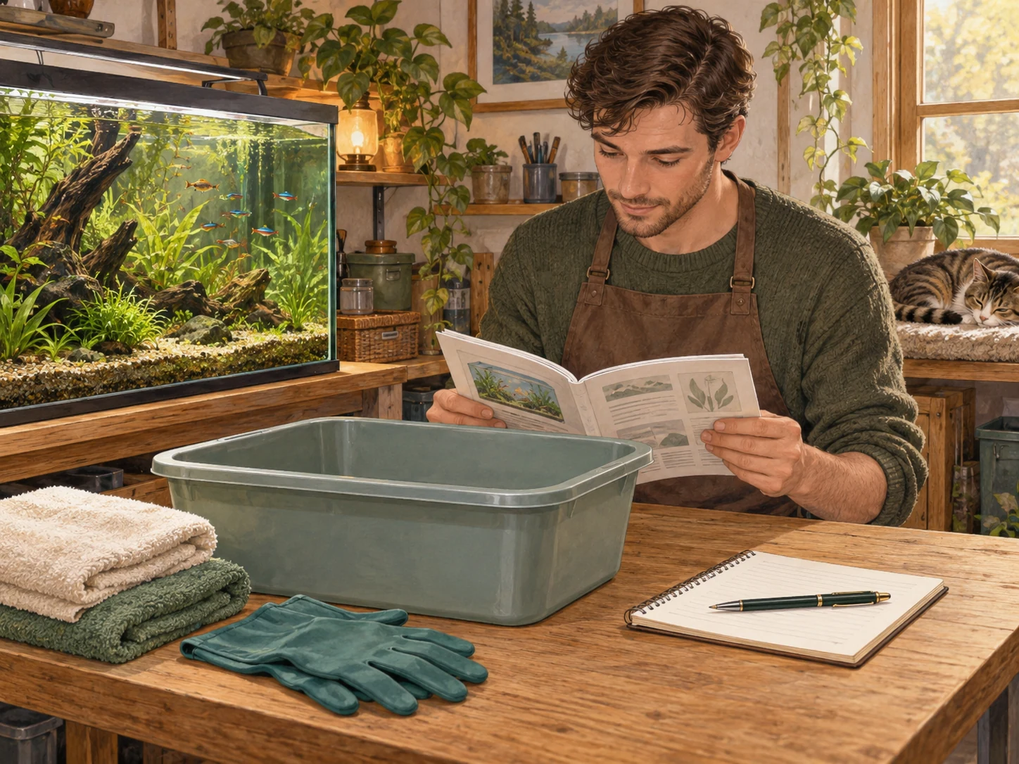 An aquarist reviewing a maintenance guide beside a dedicated basin and dry service towel