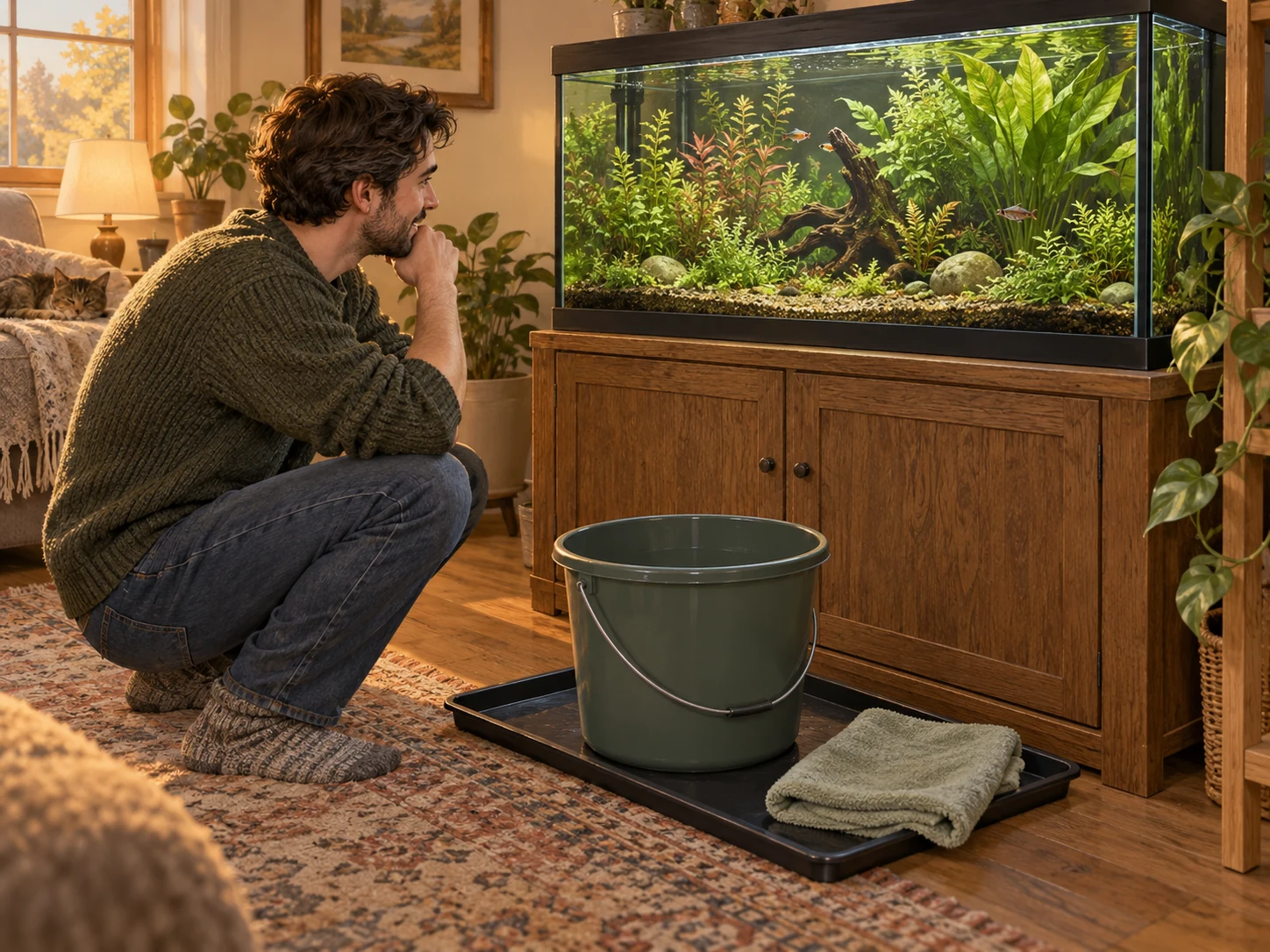 An aquarist observing the aquarium with a stable empty water-change container prepared nearby