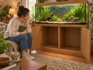 An aquarist planning cabinet space beside a large planted home aquarium