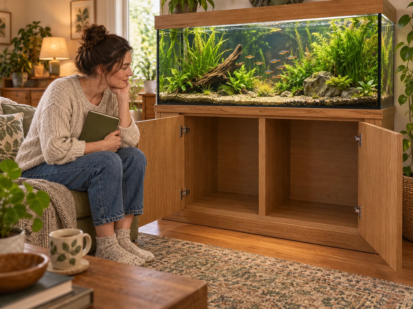 An aquarist planning cabinet space beside a large planted home aquarium
