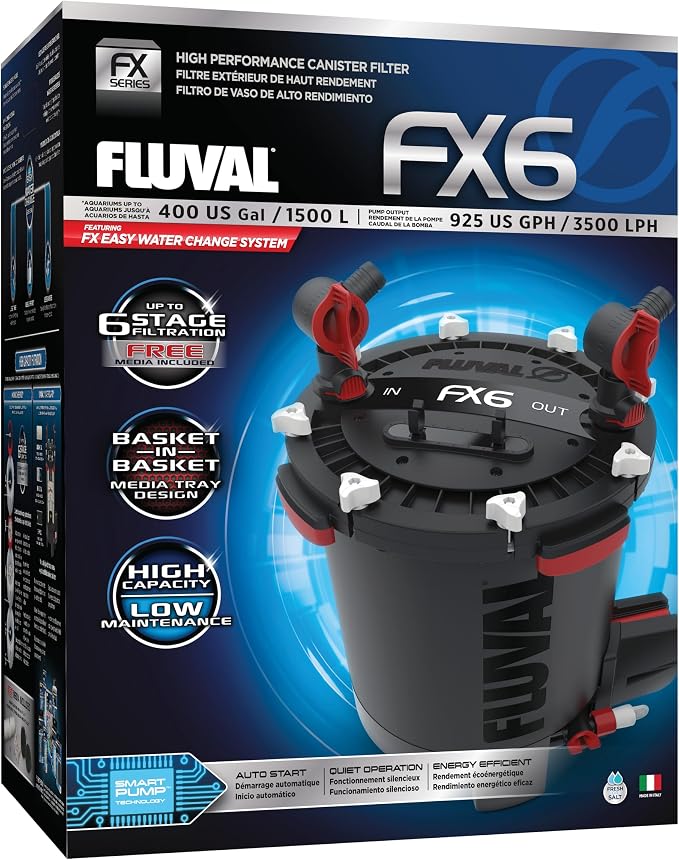 Fluval FX6 retail box showing the black external canister, red hose valves and the stated 400 US gallon and 925 US GPH marketing specifications