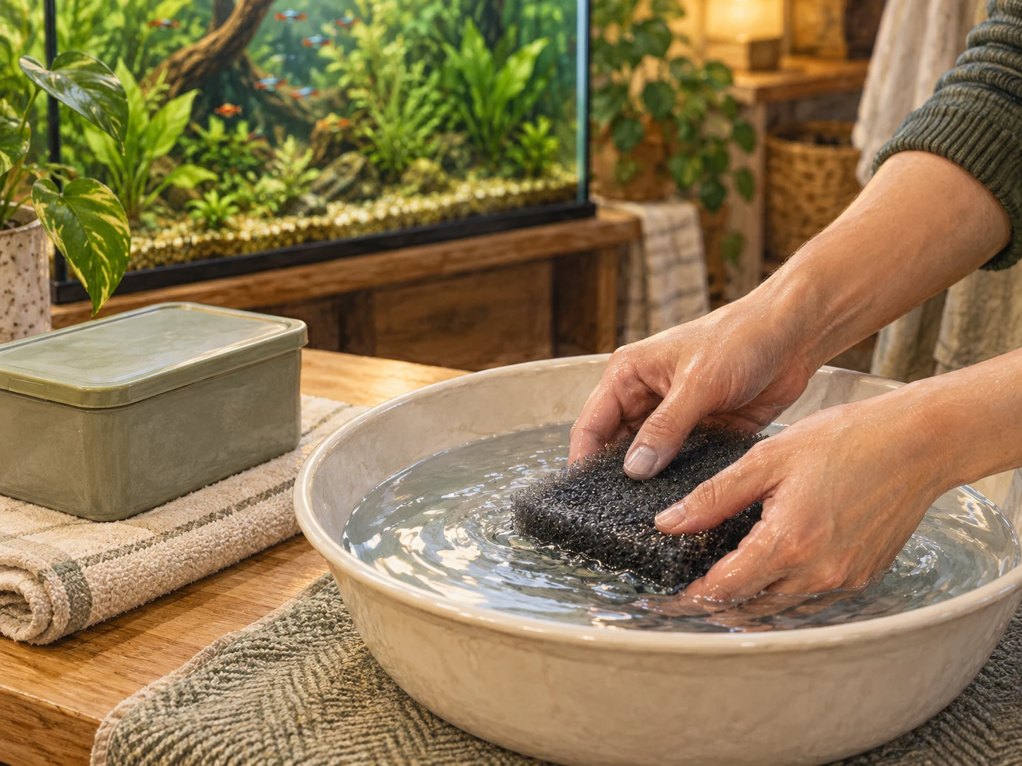Hands gently rinsing one generic foam piece in a dedicated basin during aquarium maintenance