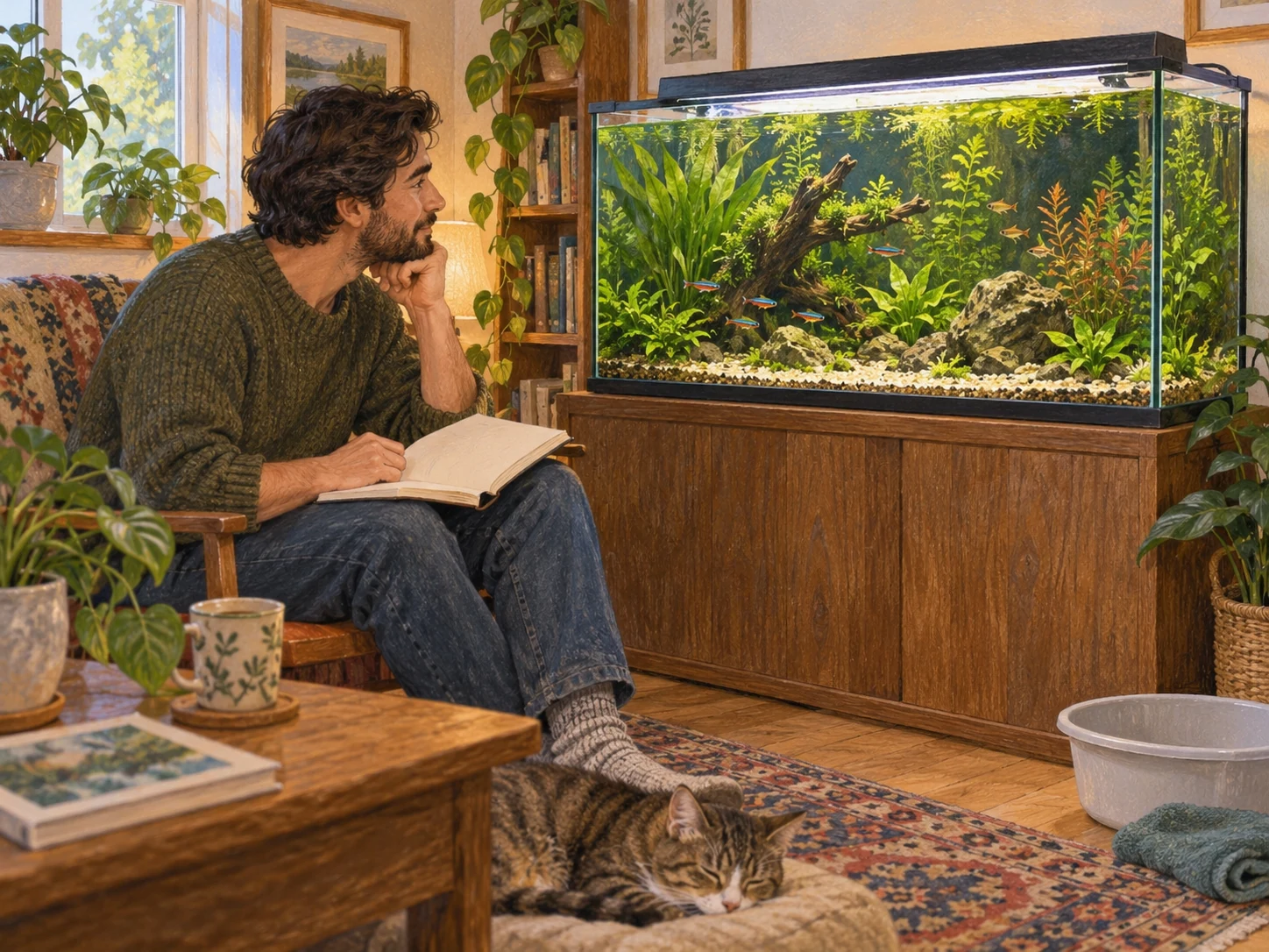 An aquarist observing the aquarium and reviewing a notebook after a maintenance session