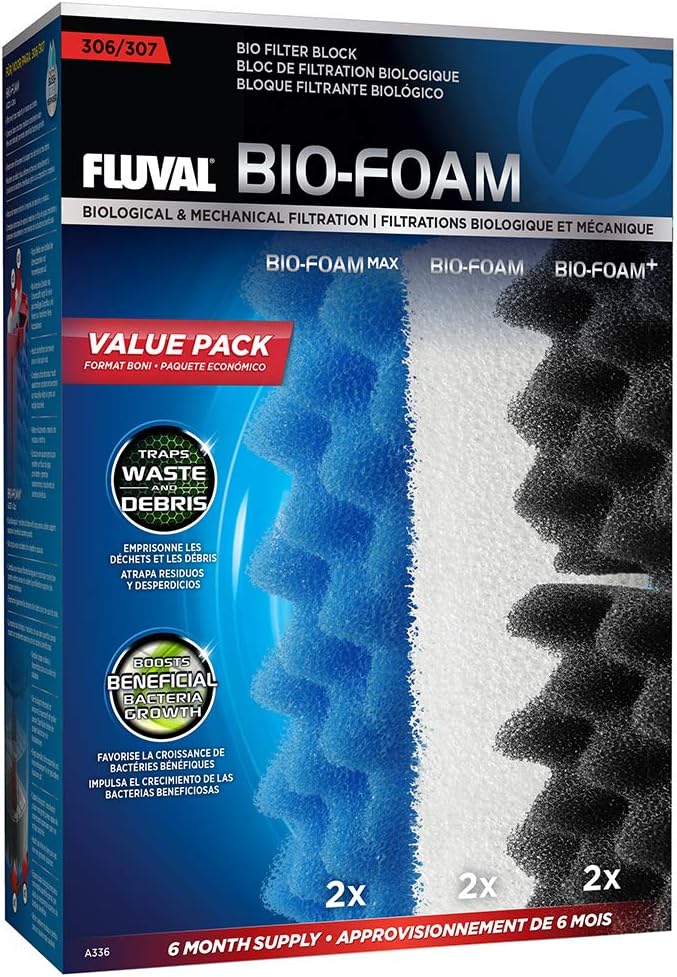 Fluval A336 306/307 Bio-Foam Value Pack box showing blue Bio-Foam Max, white Bio-Foam and black Bio-Foam+ with two of each pictured