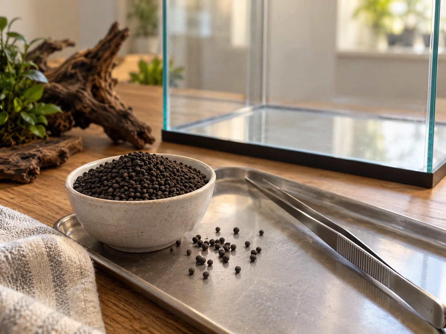 Close view of generic dark rounded aquarium-soil granules in a plain bowl beside an empty setup area