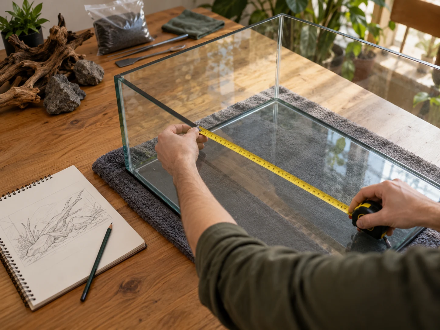 Hands measuring an empty aquarium footprint while a plain layout sketch lies nearby