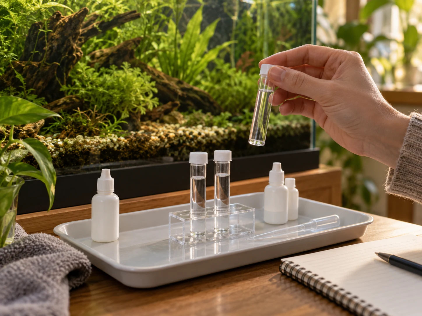 Water-testing supplies beside a planted aquarium while planning Fluval Stratum care