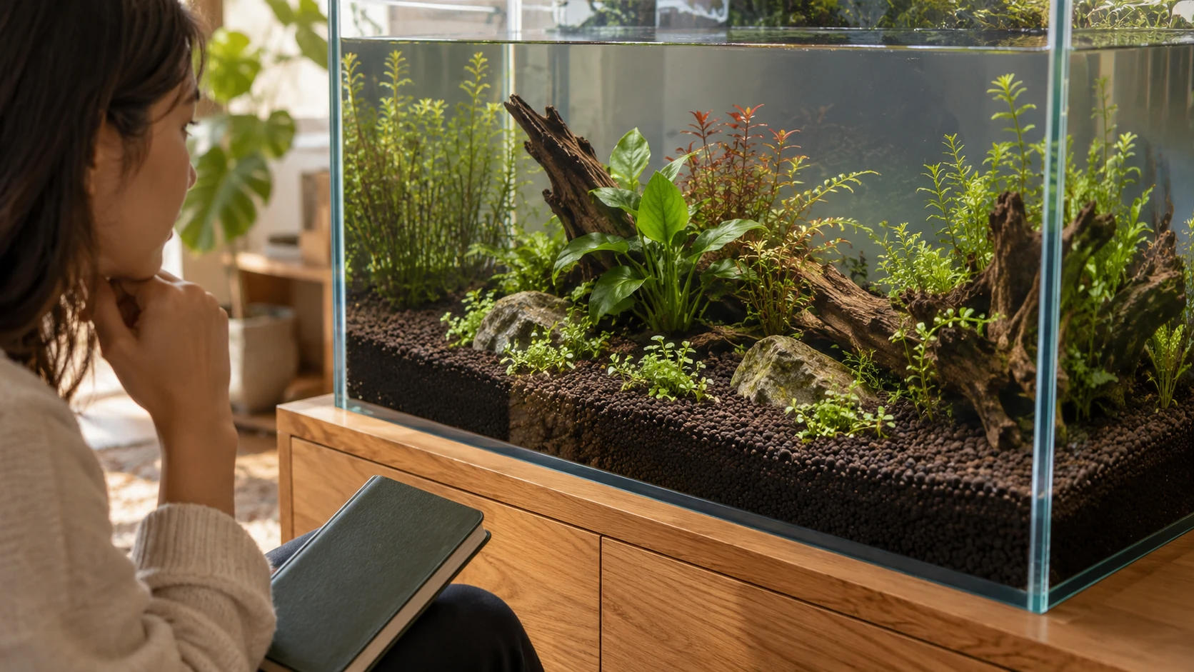 An imagined freshwater planted layout with dark rounded substrate and no livestock
