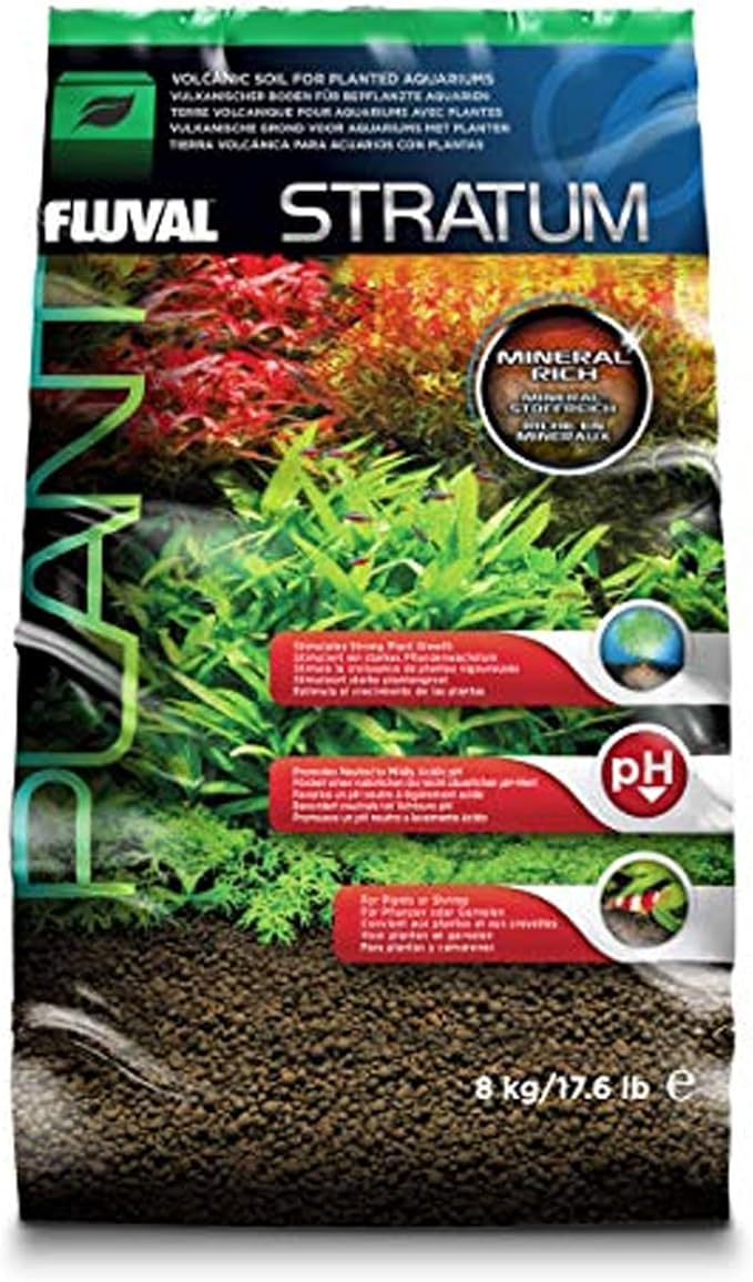 Original Fluval Stratum volcanic-soil bag with planted-aquarium imagery, dark substrate granules and the 8 kg / 17.6 lb label