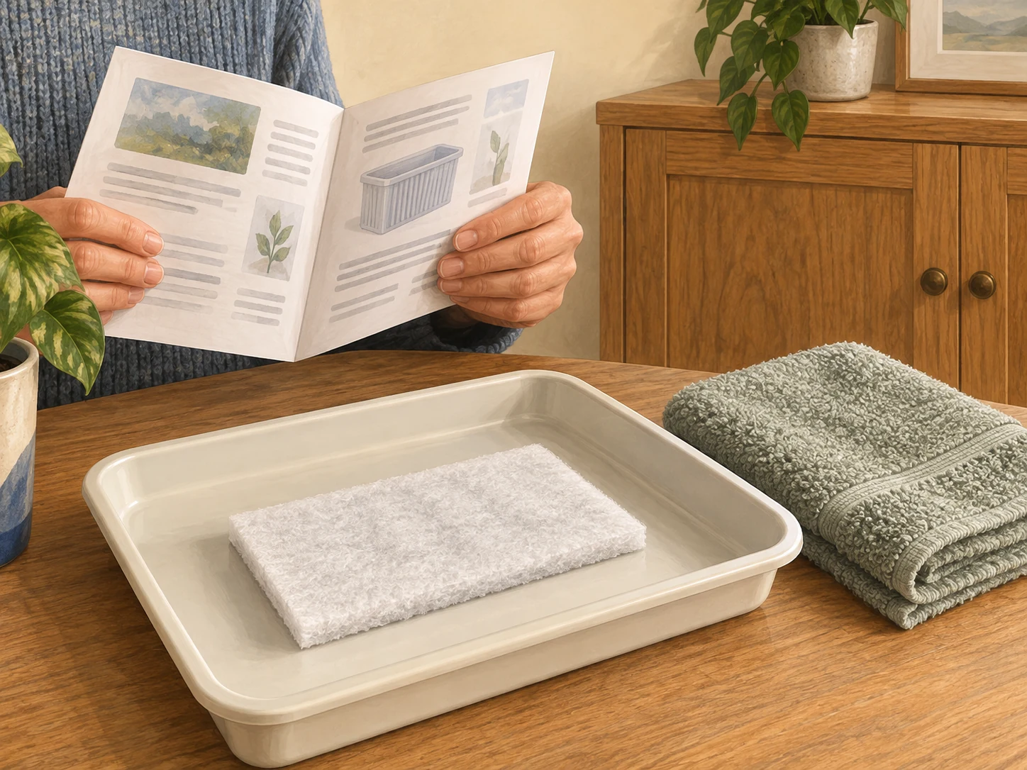 A caregiver checking a plain maintenance booklet beside a generic dry filter pad on a dedicated tray