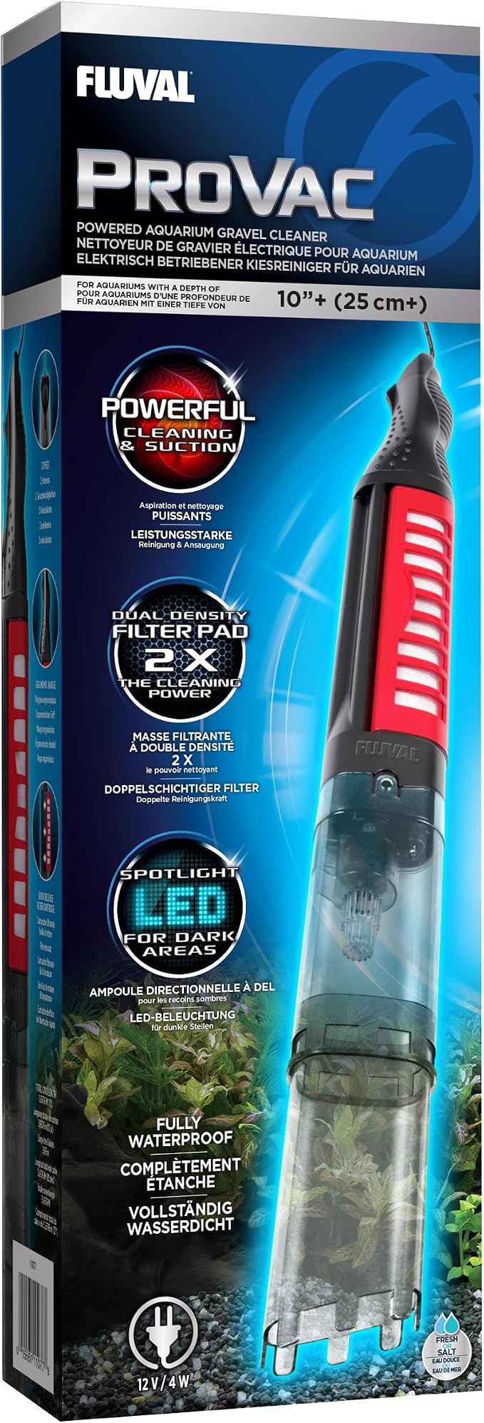 Fluval ProVAC retail box showing the powered gravel cleaner, dual-density cartridge, LED and 10-inch-plus aquarium-depth label
