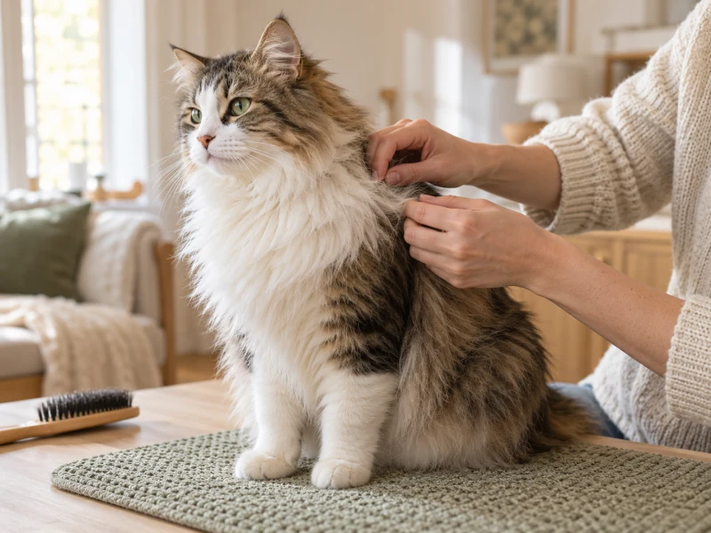 A person gently checks loose coat near a calm cat’s shoulder without scissors or a clipper touching the skin.