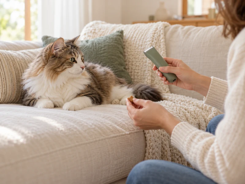 A cat observes an unbranded clipper held at a comfortable distance by a relaxed adult.