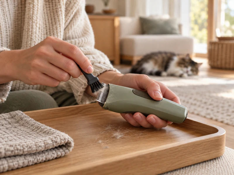 Adult hands brush loose fur from an unpowered generic clipper over a tray, away from a cat.